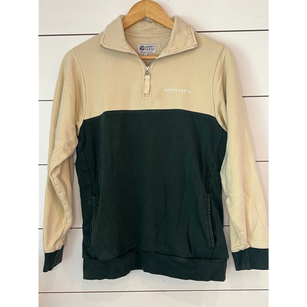 Happy Earth Organic Cotton Quarter Zip Sweatshirt Mountain Graphic Green Cream S
